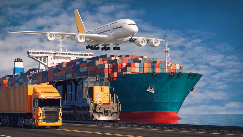 Transportation and logistics of Container Cargo ship, rail