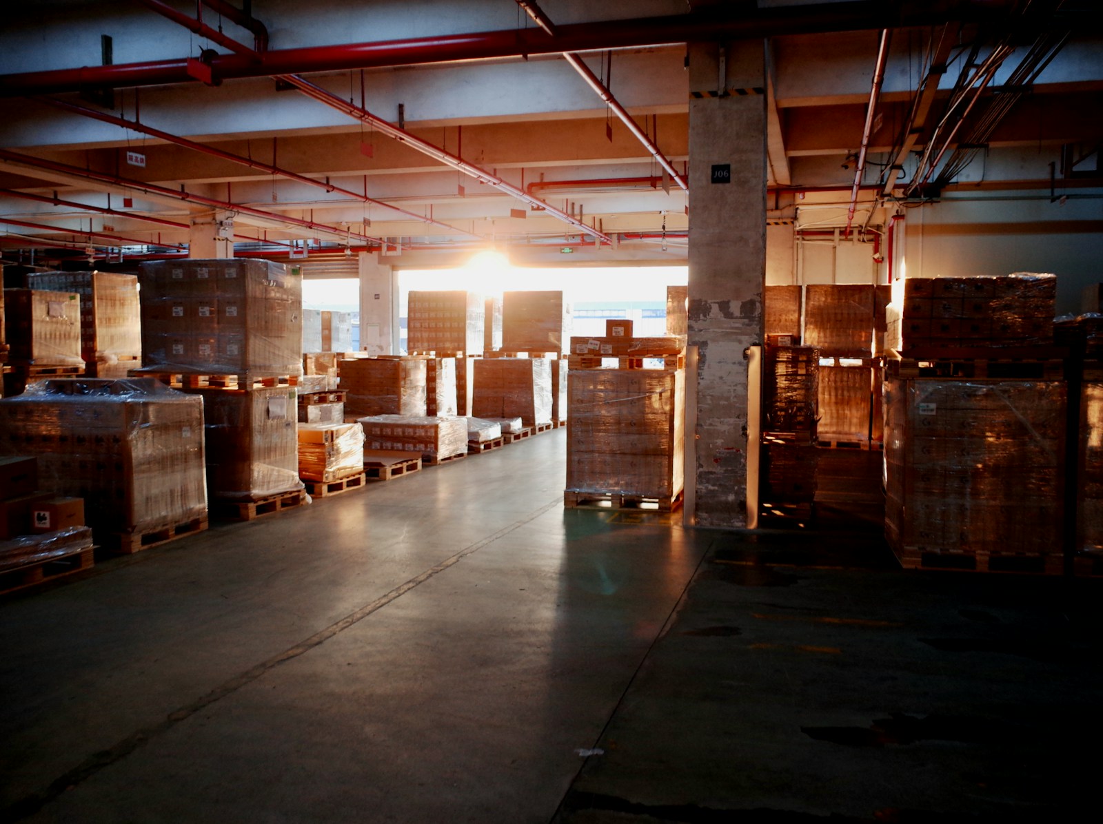 Palletized cargo staged inside a warehouse at a dock door
