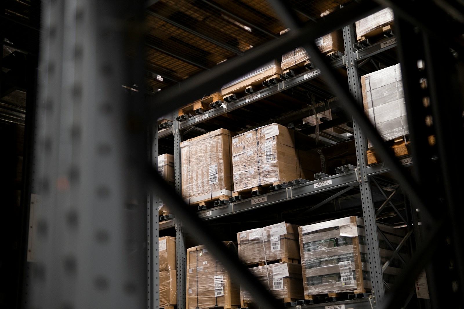 Cartons stored on warehouse racking at a freight station